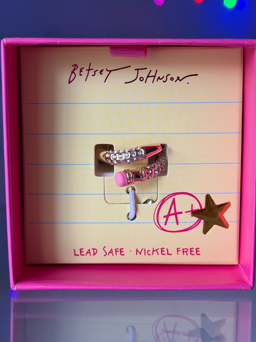 BETSEY JOHNSON School Teacher Gift Gold Pavé Crystal Pencil Wrap Band Ring